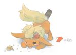  arrow ass_up blush directional_arrow ears_down eeveelution feral flareon japanese_text mask nintendo oni_mask penis plain_background pok&#233;mon pok&eacute;mon seeds solo tail tears text tongue tongue_out translated unknown_artist video_games white_background 