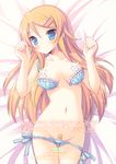  bandaid bandaid_on_pussy bed bed_sheet blonde_hair blue_eyes bra breasts from_above hair_ornament hairclip inugahora_an kousaka_kirino lingerie long_hair lying medium_breasts on_back open_bra ore_no_imouto_ga_konna_ni_kawaii_wake_ga_nai panties panty_pull polka_dot polka_dot_bra polka_dot_panties side-tie_panties smile solo underwear underwear_only unfastened 