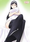  1girl black_hair black_legwear blue_eyes blush breasts crossed_arms dress feet hairband high_heels highres hornet hornet_(artist) kumashiro_maya large_breasts legs legs_crossed long_hair looking_down occult_academy seikimatsu_occult_gakuin simple_background sitting solo thighs 