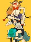  :d black_hair blue_hair clenched_teeth ibuki_suika kawashiro_nitori komekasi laughing multiple_girls open_mouth orange_hair shameimaru_aya smile sweatdrop teeth touhou two_side_up 