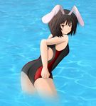 amagami animal_ears black_hair bob_cut brown_eyes bunny_ears competition_swimsuit from_behind looking_back nanasaki_ai one-piece_swimsuit short_hair shunbara solo swimsuit swimsuit_tug tsurime wading 
