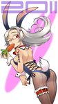  2011 animal_ears ass back bad_id bad_pixiv_id breasts bunny_earrings bunny_ears bunny_tail bunnysuit carrot earrings extra_ears glasses heart highres jewelry long_hair looking_back medium_breasts nakamura_tetsuya new_year one_eye_closed original pantyhose red_eyes sideboob silver_hair solo tail translated wrist_cuffs 