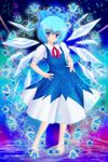  1girl aoi_canaan aoi_kanan barefoot blue_dress blue_eyes blue_hair blush bow canaan_aoi cirno dress hair_bow hands_on_hips loli looking_at_viewer puffy_sleeves shirt short_sleeves solo touhou wings 