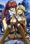  absurdres andou_masahiro areolae blonde_hair boots breasts chain cleavage cross-laced_footwear freezing genessa_roland hair_over_breasts highres lace-up_boots large_breasts long_hair magazine_scan megami multiple_girls non-web_source official_art one_eye_closed open_mouth panties red_hair satellizer_el_bridget scan thighhighs torn_clothes twintails underwear very_long_hair weapon 