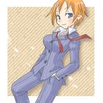  blue_eyes breasts business_suit business_woman disgaea hand_in_pocket large_breasts lowres magic_knight_(disgaea) necktie orange_hair tie 