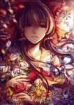  bad_id bad_pixiv_id bow brown_eyes brown_hair chemical_element chemical_symbol chemistry detached_sleeves flower hair_bow hakurei_reimu long_hair nature red_flower red_rose rose sinsora smile solo sunflower touhou upper_body uranium white_flower white_rose 