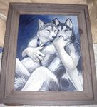  blank_background blue_eyes brown_eyes canine colored couple dog embrace framed gay harness husky leaning_back looking_at_viewer male nude painting photo real unknown_artist wolf 