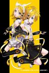  1girl blonde_hair blue_eyes brother_and_sister detached_sleeves fingerless_gloves gloves hair_ornament hair_ribbon hairclip headphones highres kagamine_len kagamine_len_(append) kagamine_rin kagamine_rin_(append) leg_warmers navel ribbon sentoiro short_hair shorts siblings smile twins vocaloid vocaloid_append 