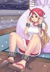  blonde_hair breasts cuffs feet geta hat horn hoshiguma_yuugi katwu_(gensou_ninja_yashiki) large_breasts long_hair no_socks red_eyes sandals santa_hat sitting snow solo toes touhou 