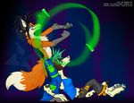  canine dog dreadlocks female fox gauged_ears glowstick green_hair hair male mammal misako piercing raver sitting spots stretched_ears 