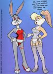  adonis blue_eyes bugs_bunny collar corset couple crossdressing david_a_cantero female high_heels lagomorph lingerie lipstick lola_bunny looking_at_each_other looney_tunes male rabbit skimpy smile stockings 