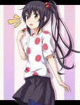  bad_id bad_pixiv_id black_hair brown_eyes food fruit hair_bobbles hair_ornament highres holding holding_food holding_fruit k-on! listen!! long_hair maazyu nakano_azusa pantyhose polka_dot side_ponytail solo strawberry 