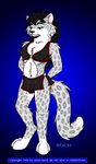  1993 black_hair blue_eyes classic clothed digitigrade dithering feline female grey hair half-closed_eyes lance_rund navel skimpy snow_leopard solo spots standing tail white 