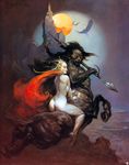  cape centaur dark_hair equine fantasy fantasy_world female fierce frank_frazetta hooves horse human jewelry male mammal moon mountain nude oils painting polearm red spear taur 