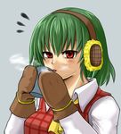  ascot cup earmuffs green_hair kazami_yuuka mittens mug plaid plaid_vest red_eyes short_hair solo touhou tyazuke vest 