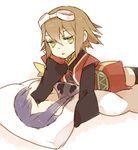 :&lt; bad_id bad_pixiv_id brown_hair chin_rest gloves goggles green_eyes in_the_face jitome lying on_stomach pillow rita_mordio short_hair tales_of_(series) tales_of_vesperia thighhighs white_background yuri_lowell zenmai 