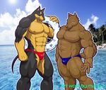  anthro beach biceps big_muscles blue_eyes canine doberman dog duo fur inviting looking_at_viewer male mammal manya muscles pecs pose red_eyes sea seaside speedo swimsuit water 