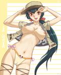  :d black_hair blush breasts cameltoe character_name green_hair gundam gundam_00 labia long_hair medium_breasts navel nipples open_mouth orange_eyes pikon ponytail smile solo topless very_long_hair wang_liu_mei 