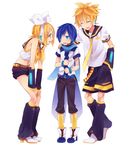  2boys age_difference akiyoshi_(tama-pete) aqua_eyes bad_id bad_pixiv_id blonde_hair blue_hair blue_scarf comforting full_body hair_ornament hair_ribbon hairclip headphones headset kagamine_len kagamine_rin kaito multiple_boys necktie ribbon scarf short_hair shorts siblings simple_background smile standing tears time_paradox twins vocaloid yellow_neckwear younger 