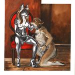  2010 bdsm bondage breasts canine collar corset dominatrix elbow_gloves female fox gentle handcuffs kneeling leather male petting red_dog riding_crop sitting straight topless wolf 