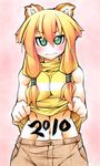  2010 animal_ears blush canine cat_ears embarrassed female fox looking_at_viewer midriff new_years solo standing 