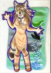  2010 badge braided_hair brown canine claws clothed collar colored ear_tufts feathers female framed iko indian jyaki native outside smile standing tail tail_band tribal waving wolf yellow_eyes 