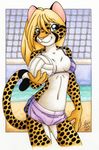  ball beach bikini blonde_hair blue_eyes cheetah feline female hair michele_light net outside raised_tail seaside skimpy smile solo standing tail volley_ball 