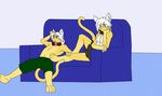  aaron_(character) collar d_robot feline female hi_res male siblings skirt sofa twins 