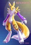  big_ears bushy_tail canine chest_tuft digimon female fox purple_eyes renamon renaoka simple_background solo standing tail yin-yang 