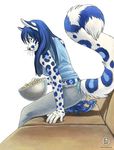  blue_hair dragon feline female hair hida kacey kacey_(character) male popcorn scalie sitting size_difference snow_leopard sofa 