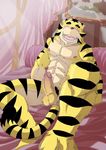  balls bed bedroom erection eyes_closed feline invalid_tag male masturbation muscles nipples nude painting penis pillows solo stripes tail tiger unknown_artist 