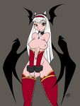 2008 bat_wings breasts chalo collar demon demoness female hair hairband handcuffs horns nipples nude restrained succubus thigh_highs white_hair wide_hips wings 