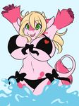  big_breasts bikini blonde_hair bovine breasts cow female green_eyes hair horns huge_breasts long_blonde_hair long_hair navel open_mouth outside pink ruby_(rubyluvcow) skimpy solo spazzykoneko spots swimsuit tail tail_tuft water wide_hips 