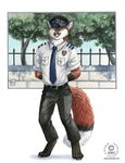 black_and_white canine digitigrade fox kacey male monochrome officer police red_eyes smile solo strobefox_(character) suit tail tie uniform 