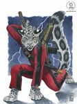  alexodia_(character) feline gun kacey katana kneeling lightning male snow_leopard solo weapon 