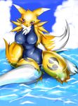  big_breasts breasts canine digimon female fox kyorasya looking_at_viewer renamon solo swimsuit water wide_hips 