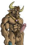  balls big_balls big_penis bovine bull ear_piercing earring horns jewelry looking_at_viewer male muscles necklace nude penis piercing smile solo tattoo tauren towel 