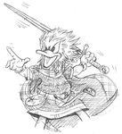  black_and_white disney duck kilt male monochrome sketch solo sword warrior weapon 