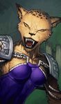  bust fangs feline female magic_the_gathering mirri_cat_warrior official_art open_mouth shoulder_guards solo 