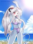  bikini blush cat chest_tuft cute feline female ocean purple_hair sand skimpy sky skykain solo spots sun 
