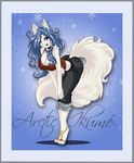  arctic arctic-sekai arctic-sekai_(character) bent_over blue_hair canine cleavage female hair solo wink wolf 