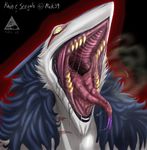  acidic blood_warpaint blue_hair fangs female gaping_maw green_eyes gums hair imminent_vore mawshot open_mouth palate rain_silves scar sergal solo tongue 
