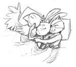  avian bed bird cat cute eye_patch feline female greyscale jay_(rq) lagomorph male monochrome multiple_arms pillow rabbit ruby_(rq) ruby_quest sleeping straight threesome tom_(rq) 