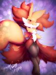  2019 3_toes blush breasts canid canine delphox digital_drawing_(artwork) digital_media_(artwork) ears_up exposed_breasts female fluffy fluffy_tail fur gingy_k_fox hands_behind_head hi_res looking_at_viewer lying mammal multicolored_fur nintendo nipples nude on_back pok&eacute;mon pok&eacute;mon_(species) presenting pussy simple_background smile solo thick_thighs toes video_games voluptuous white_fur wide_hips 