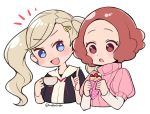  2girls :d blonde_hair blue_eyes blush brown_eyes brown_hair commentary commentary_request cup do_m_kaeru hood hoodie multiple_girls okumura_haru open_mouth partial_commentary pastry persona persona_5 pink_sweater ribbed_sweater short_hair smile sweater takamaki_anne teacup twitter_username 