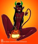  black_hair breasts claws collar dadward demon devil eyebrow_piercing female green_eyes hair halloween horns inverse_pentagram nipple_piercing nipples orange_background piercing red smile solo tail 