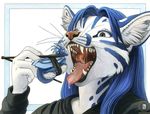  blue_hair detailed dragon drool fangs feline female food gaping_maw green_eyes gums hair hida imminent_vore kacey kacey_(character) male nom_nom_nom open_mouth palate rice_ball saliva scalie snow_leopard uvula vore 