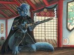  armor cat cloak feline female incense indoors japan japanese_text kacey katana kneeling samurai solo weapon 