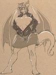  background_pattern breasts clothing dragon female hair hands_on_hips horns huge_breasts open_shirt scalie solo sukebepanda tail wings 
