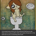 :( awkward bathroom canine chest_tuft dog english_text female hair_over_eyes pubic_hair public_toilet solo technicolorpie 